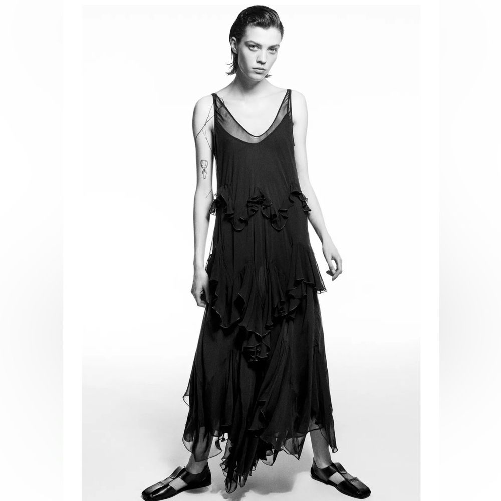Zara Black ZW Collection Long Ruffle Dress